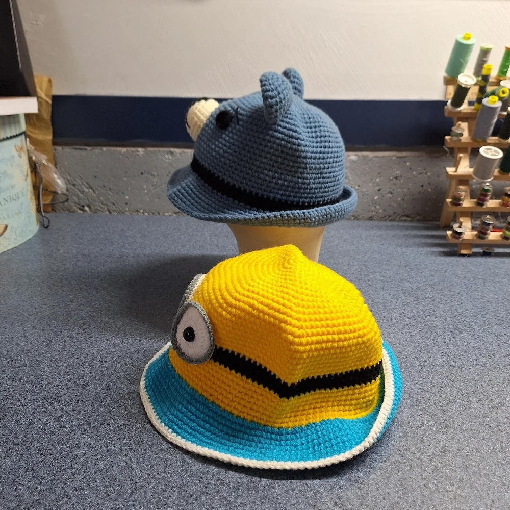 Hand Crocheted Bear & Minion Bucket Hats, Large, NWOT